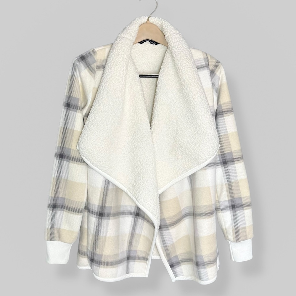 Abercrombie & Fitch Size Small Sherpa Lined Fleece Open Front Plaid Beige Gray